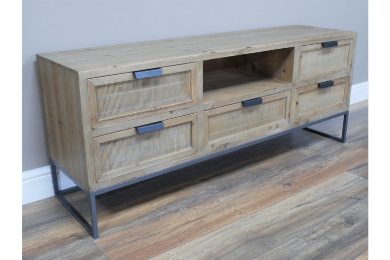 Industrial Styled Solid Wood TV Cabinet with 5 Drawers & 1 Shelf Supported By A Metal Base.