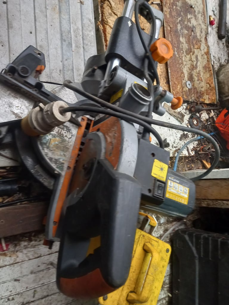 evolution 110v mitre saw with transformer ready for use 