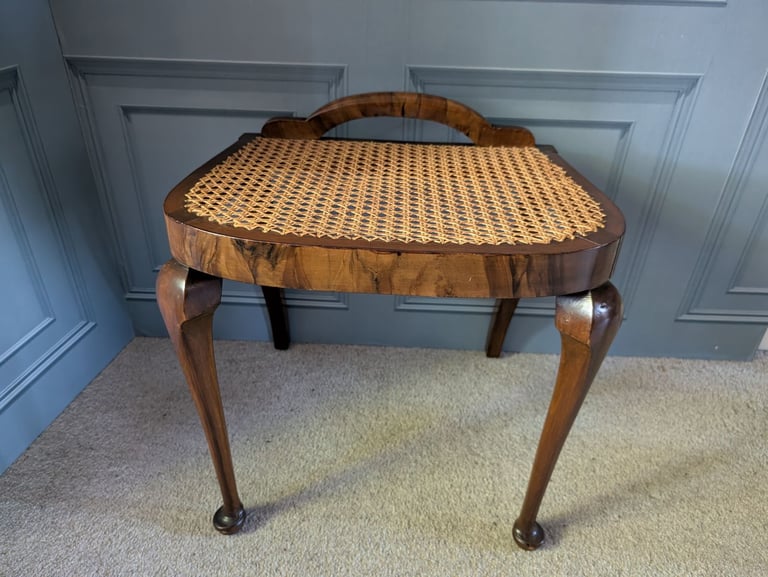 Art deco burr walnut veneer dressing table stool with cane seat 