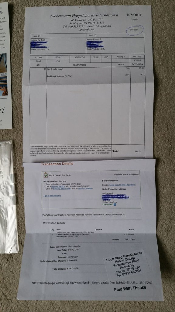 Harpsichord jacks, strings and Delrin