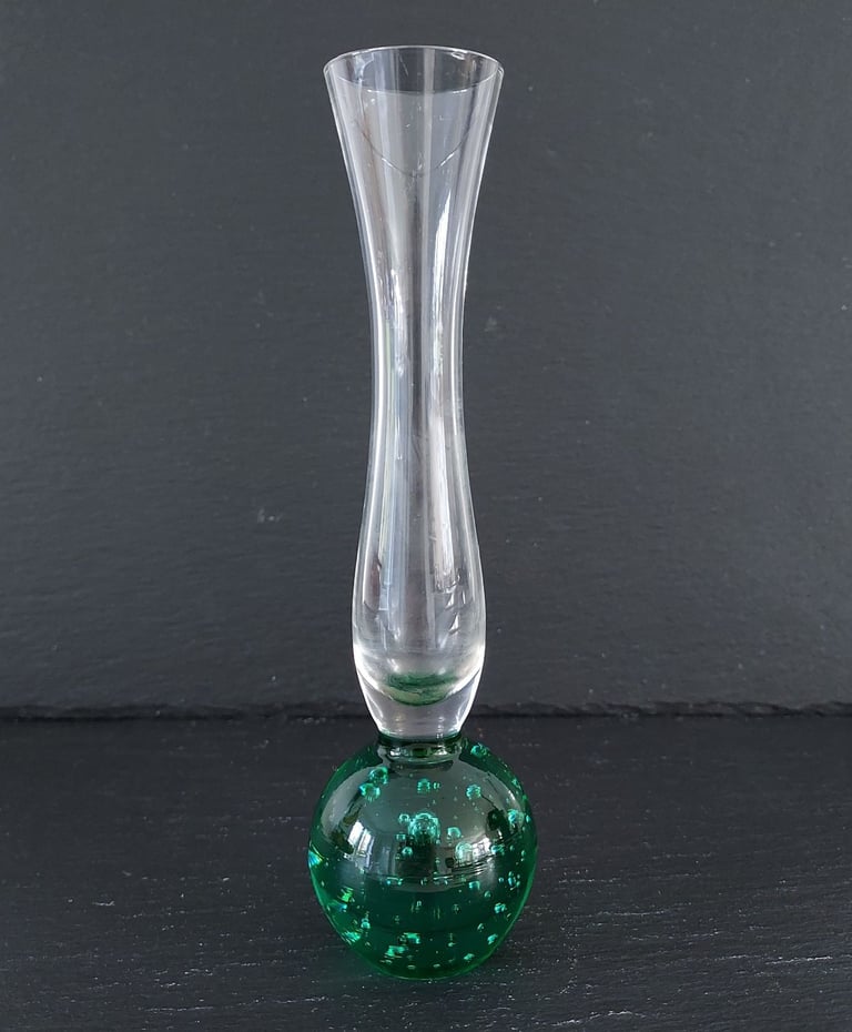 Vintage Green Bubble Glass Fluted Bud Vase 16 cm Tall