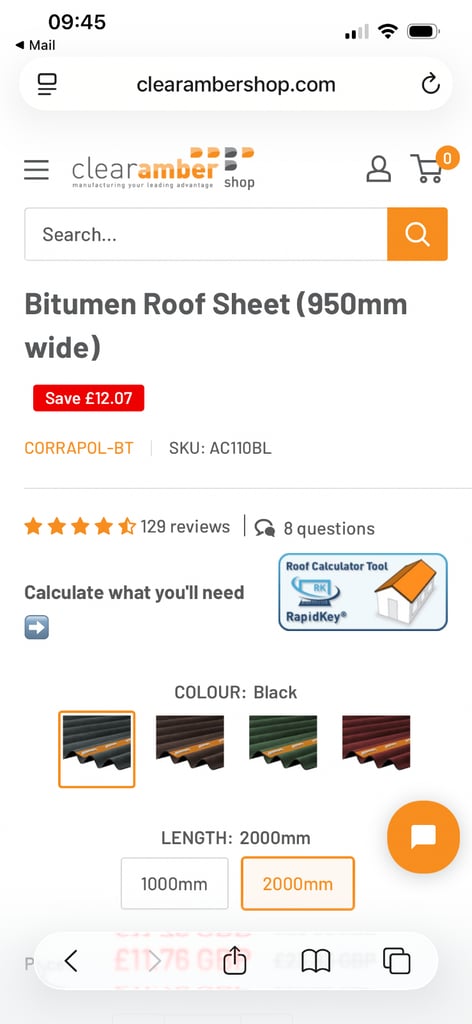 Corrugated bitumen sheet 950 x 2000 Qty 6
