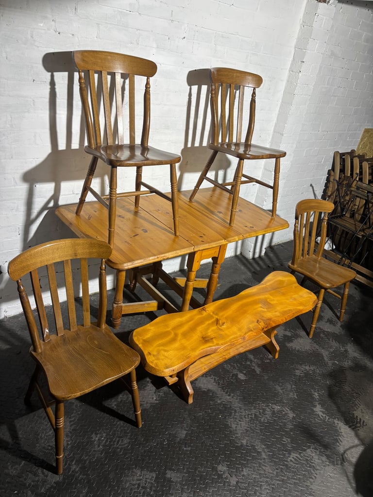 Farmhouse Wooden Drop leaf Dining table, 4 Chairs & Bench 