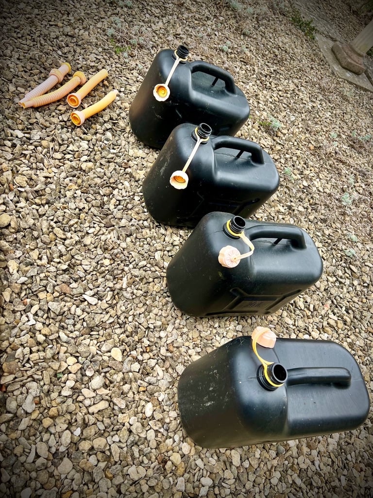 lightweight plastic petrol/diesel containers, used, 20L capacity, with spout