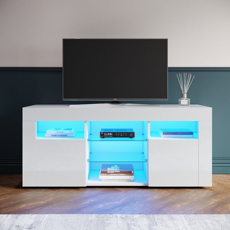 New White Cabinet TV Stand with Led Lights 120 x 35cm RRP £210 Our Price £122