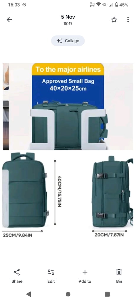 Large light pink backpack gym bag airline size 20cmx25cmx40cm