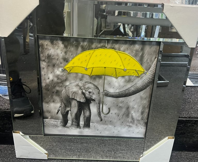 Elephant picture holding yellow umbrella with mirror glass frame NEW 