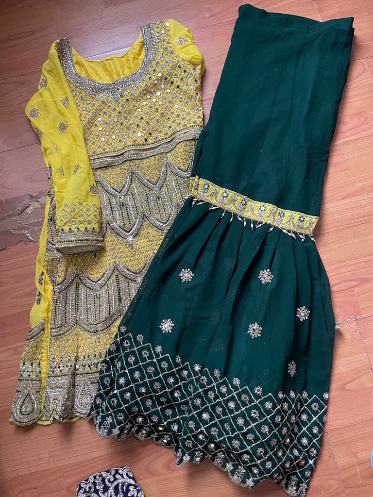 image for stunning yellow and dark green sharara suit
