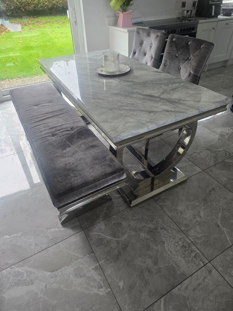 image for Ariana Marble 1.8M Dining Table And Cheshire Plush Velvet Knocker Chairs