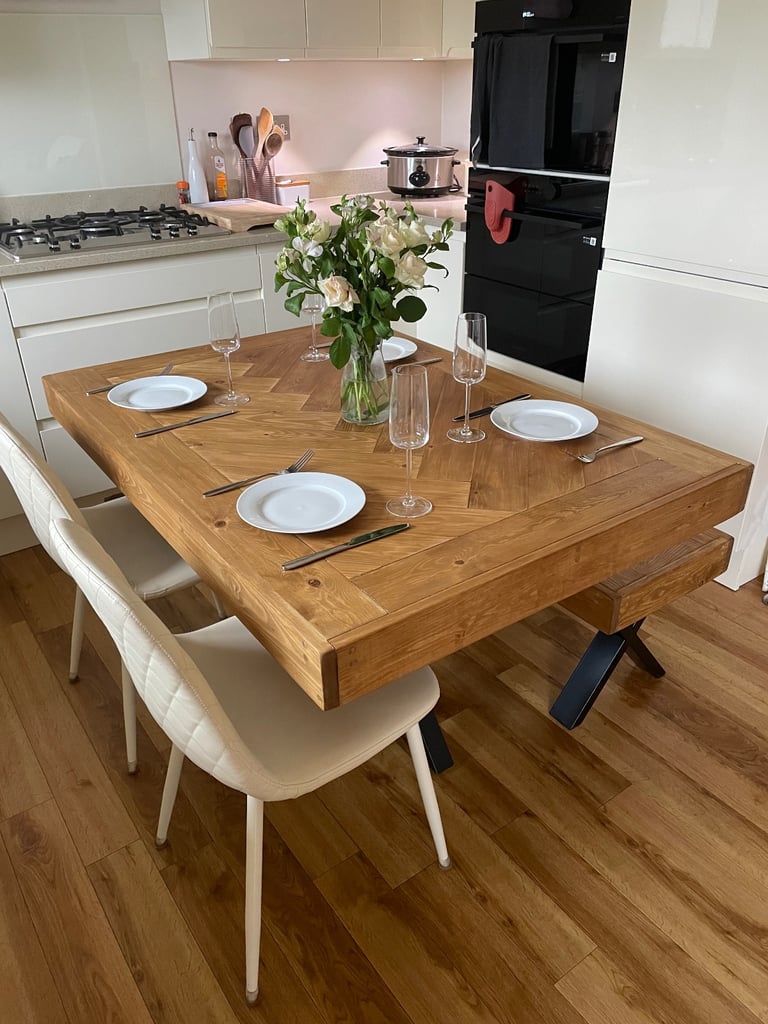 Herringbone Design Dining Table with Bench