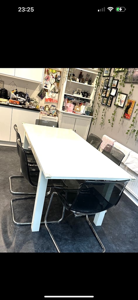 image for Gloss white wood dining table which extends and 6 dining chairs 
