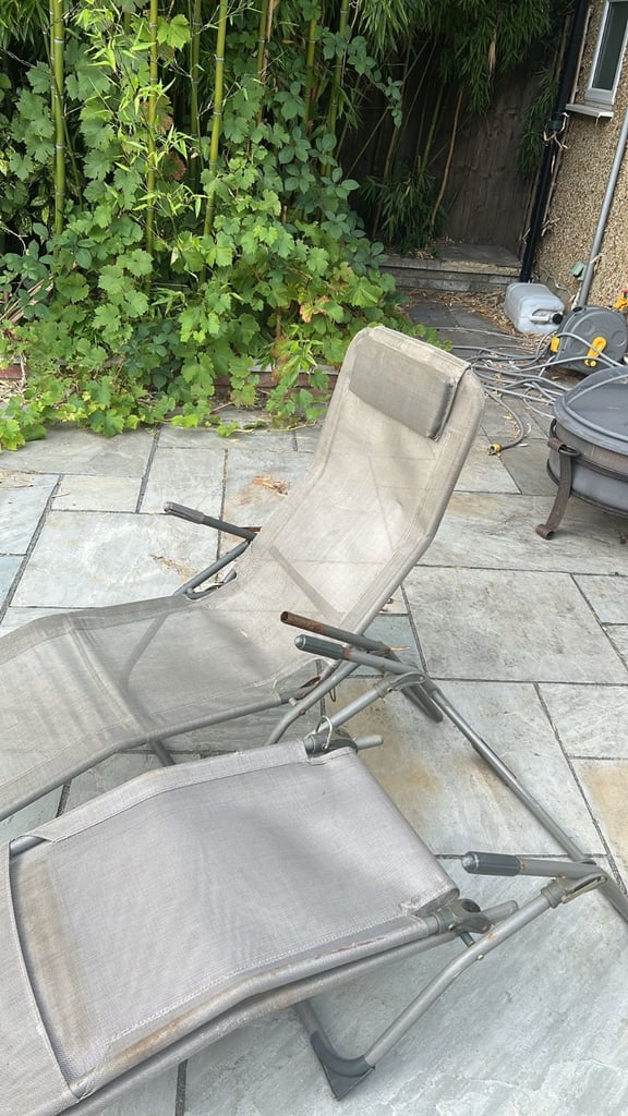 image for Pair of Comfy Reclining and Foldable Grey Sunlounger / Garden Loungers RRP £240