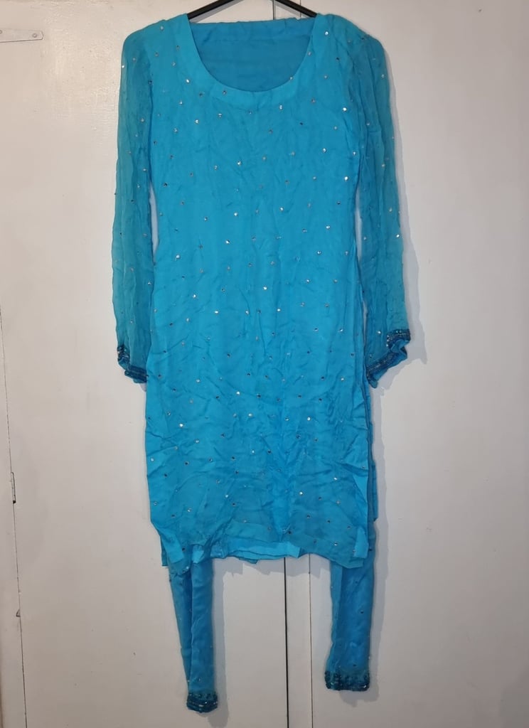 New.Light blue churidar kameez, jacket, scarf sequin embroidered wedding party asia. Asian dress