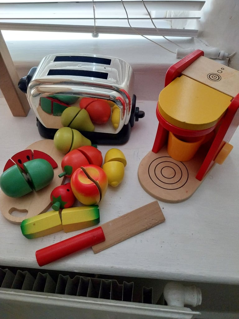 Wooden Toy cooker with large bundle of accessoriess
