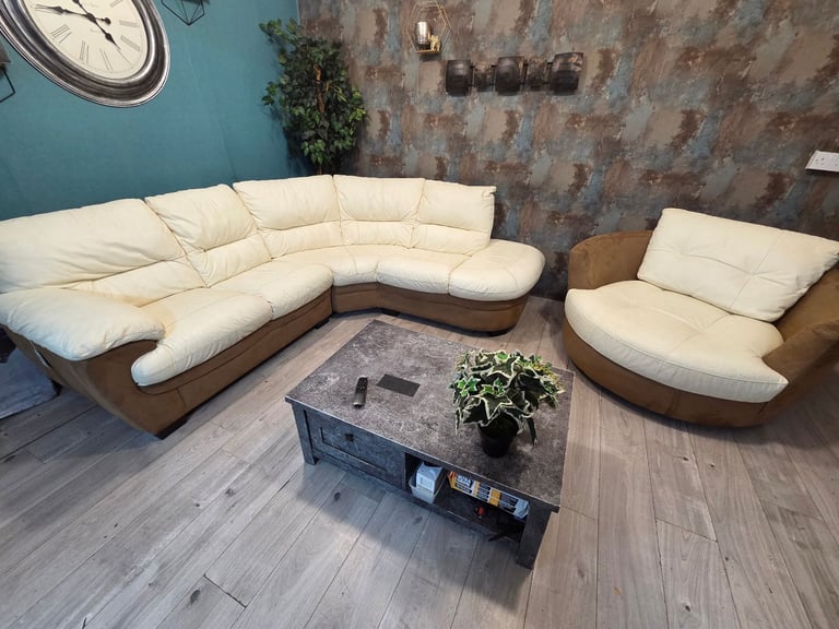 Dfs genuine leather/suede corner sofa with swivel chair