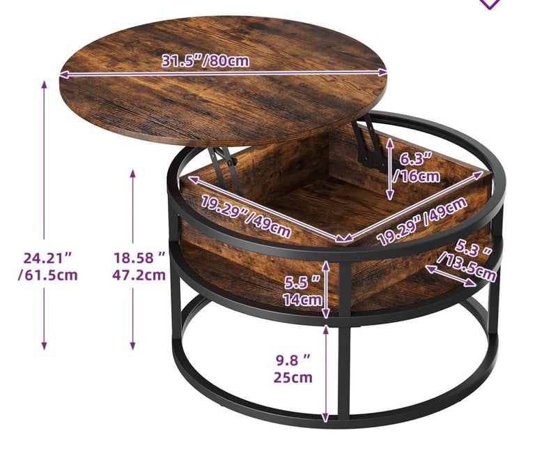 Round Lift Top Coffee Table with Storage Wood for Home Living Room Office Brown