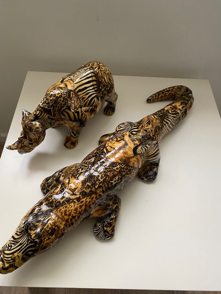 Two Large Ornamental Artworks /Collage Safari print Rhino & Alligator