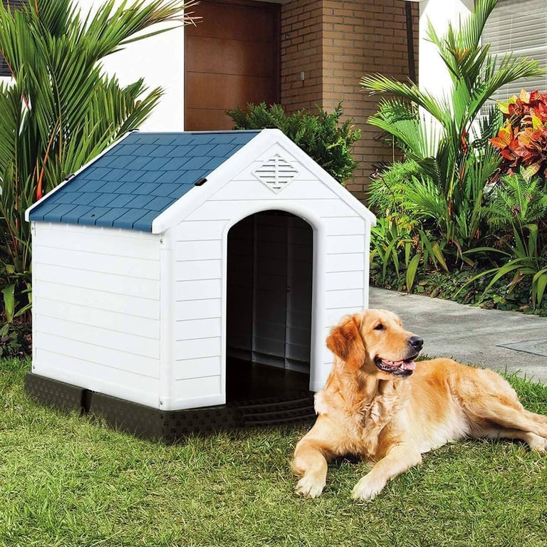 Large Dog Kennel House Durable Plastic Outdoor Indoor Blue White Shelter Pet Home