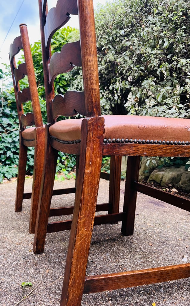 Pair of Vintage Wooden Ladder-Back Dining Chairs – Tan Faux Leather Seats
