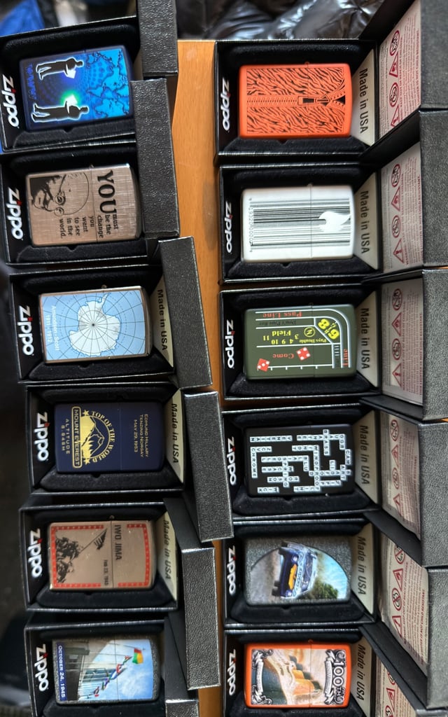 Zippo premium collection 104 lighters, display cases plus extras brand new unused 