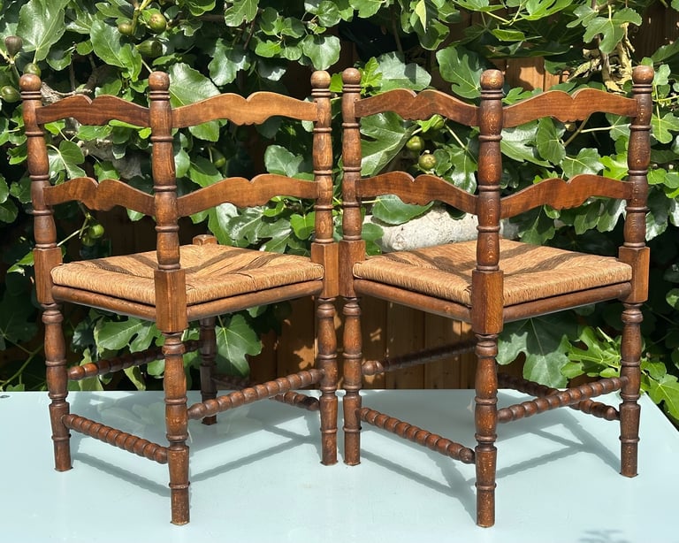 VINTAGE FRENCH BOBBIN LEG CHAIRS, CORNER CHAIRS, RUSH SEAT, H74cm - 1900s ARTS & CRAFTS - WILL POST!