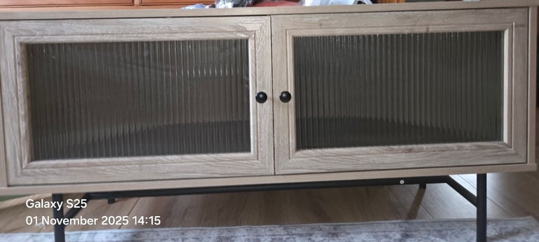 Wyatt rib glass corner TV unit in white wash oak effect. 6 months old