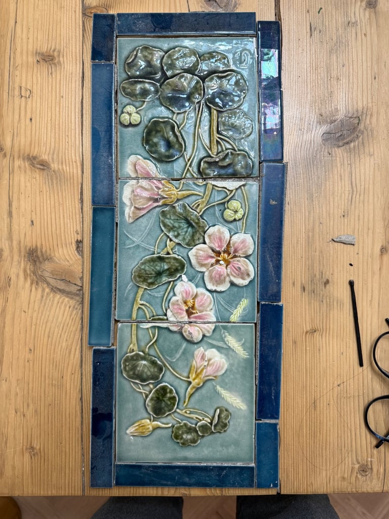 2 x salvaged Edwardian tile centrepieces 