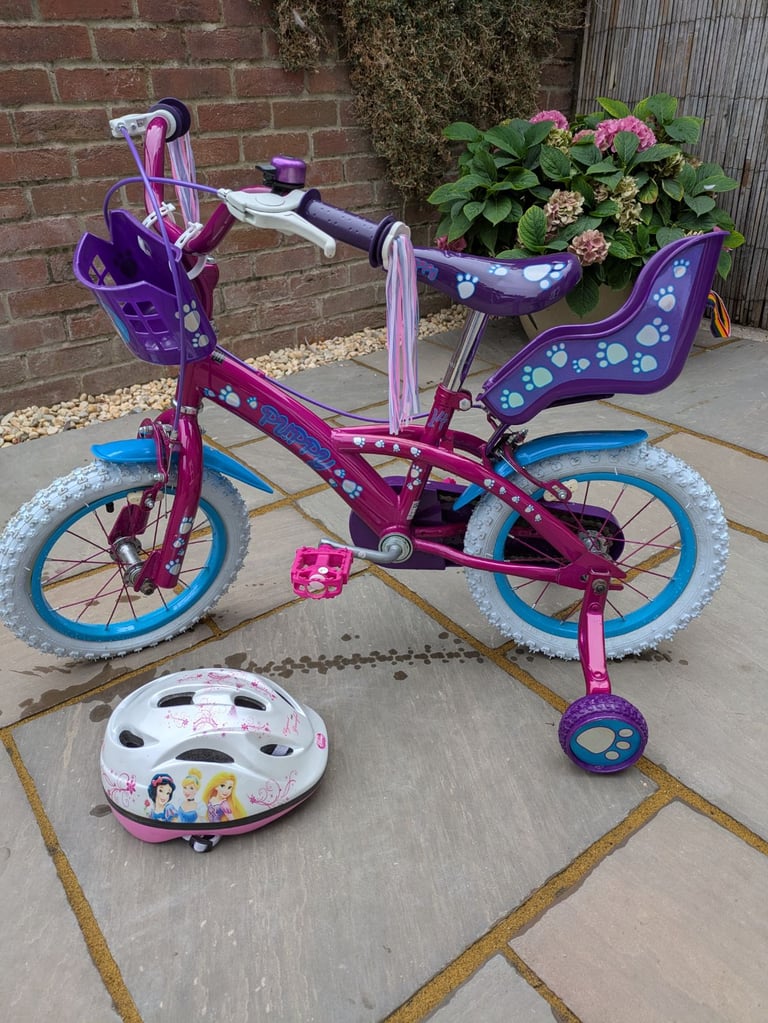 Puppy 14 inch Wheel Pink/Purple Lightweight Girls First Bike & removable stabilizers