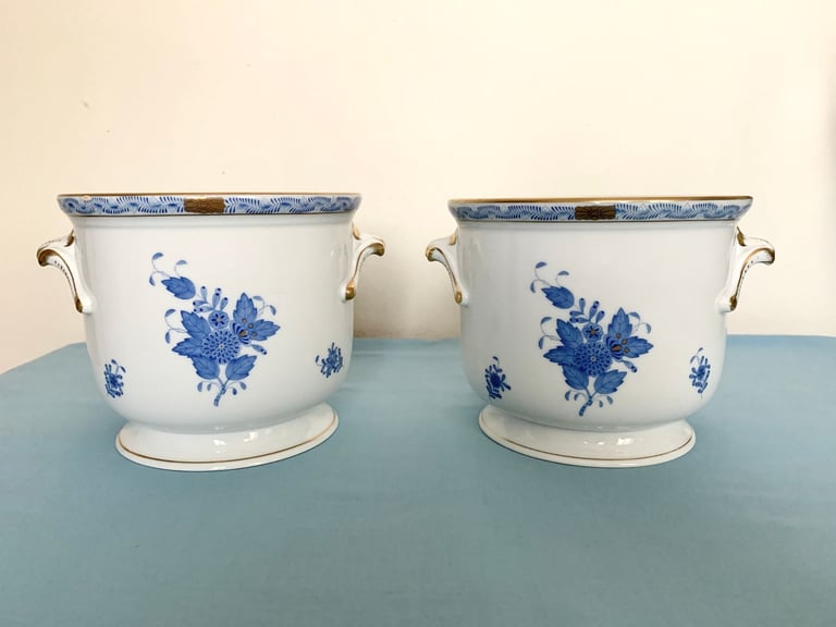 image for A Pair of Herend Hungary Apponyi Blue Bouquet Handpainted Porcelain Flower Pot