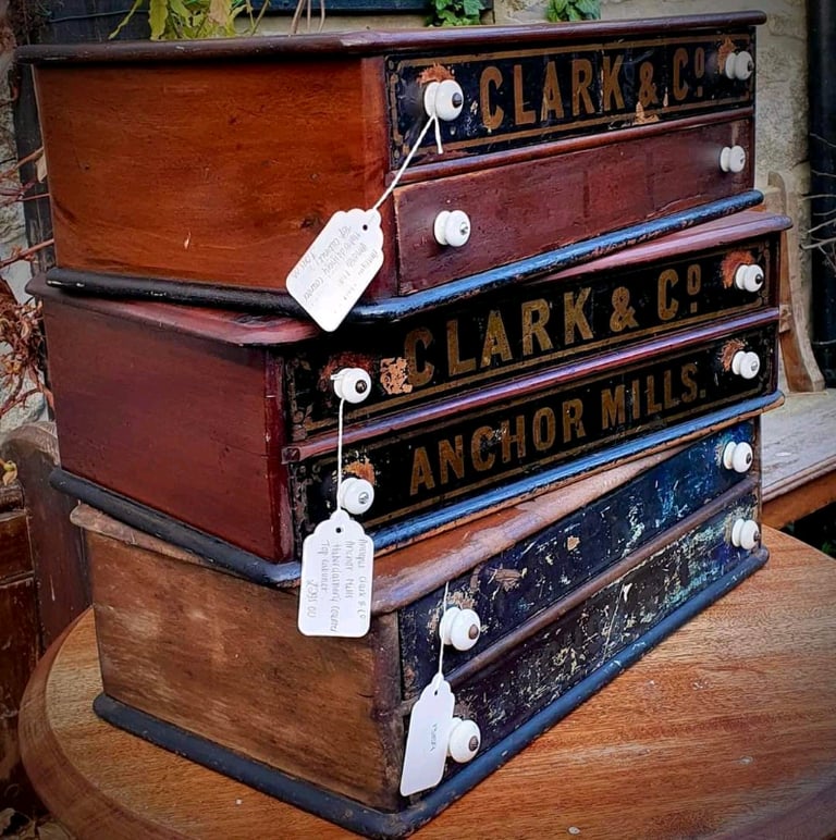Antique Haberdashery Shop Display Drawers by Clark & Co Anchor Mills. 