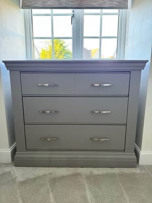 Lusso painted oak urban grey bedroom furniture, dressing table/desk, stool & chest of drawers.