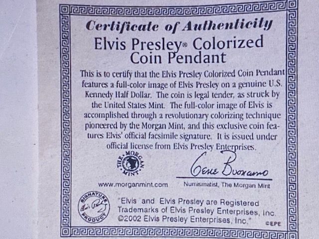 RARE: Elvis Half Dollar Colour Coin Necklace with COA *EX*