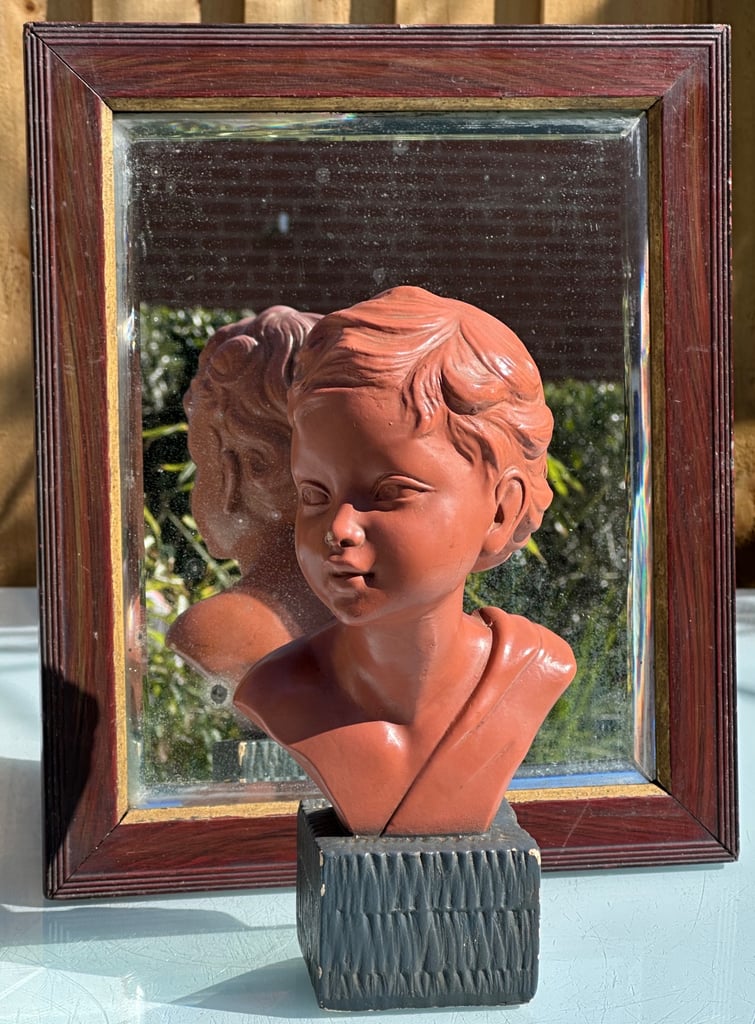 ANTIQUE FRENCH PLASTER BUST OF A YOUNG BOY, PAINTED CHALKWARE STATUE, 27cm tall - 1900s - WILL POST!