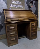 Stunning Vintage Solid Oak Roll Top Writing Desk Bureau Tambour - Uk Delivery