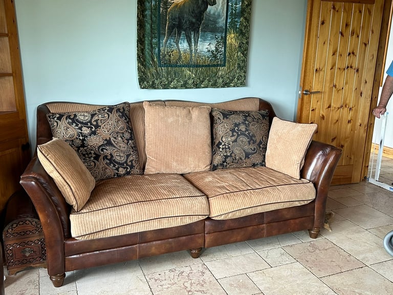 Brown leather & tan Fabric sofa 