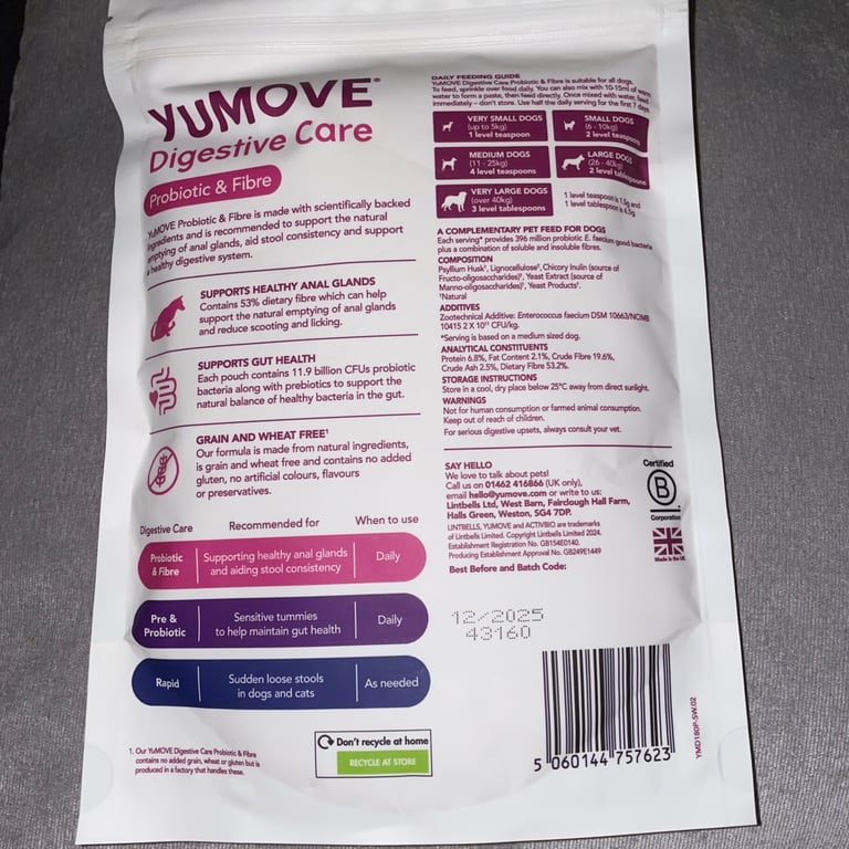 Yumove digestion care . Probiotic and fibre powder pack 180g , new unopened 