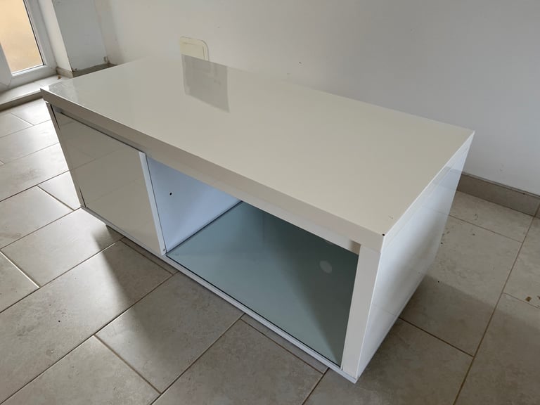 White TV Stand with Cupboard and Glass Shelf