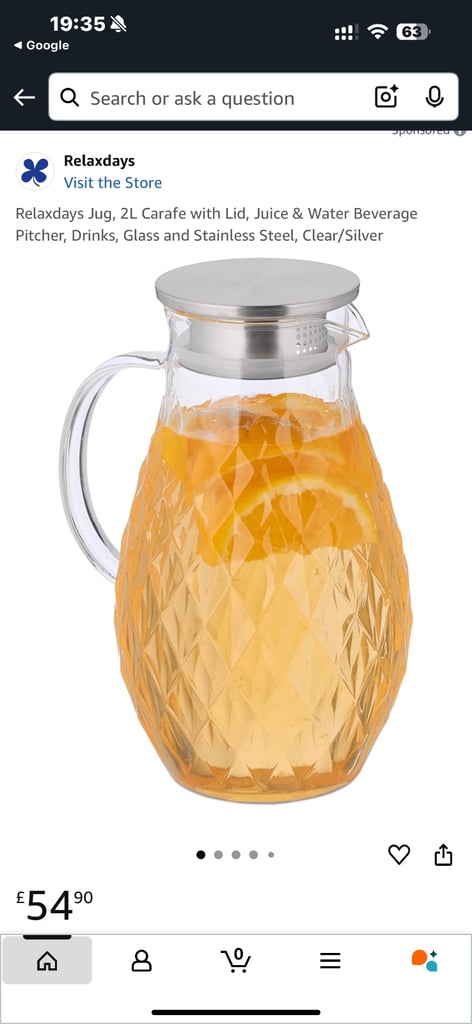 Relaxdays Jug, 2L Carafe with Lid, Juice & Water Beverage Pitcher, Drinks Glass Stainless Steel 