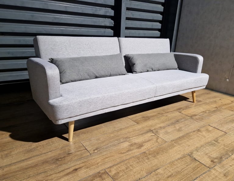 image for Barely Used Fabric 3 Seater Clic Clac Sofa Bed - Light Grey. 