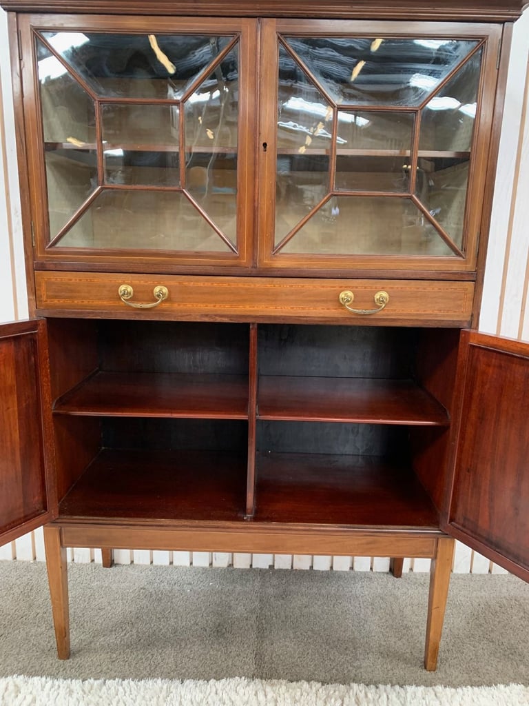 Display Cabinet with Glass Doors Raised on Square Tapering Legs Edwardian Style.