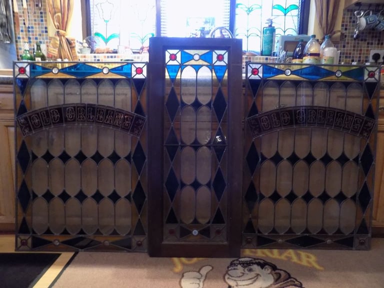 image for 3 X Gorgeous Vintage Leaded Light Stain Glass Window Panels Reclaimed OldOrleans