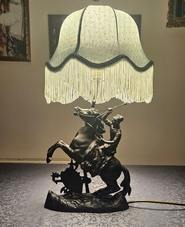 Vintage Bronze Horse Table Lamp with Mint Green Lampshade