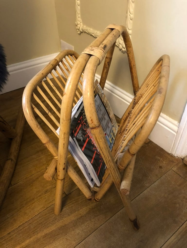 vintage bamboo rattan magazine newspaper rack tiki 