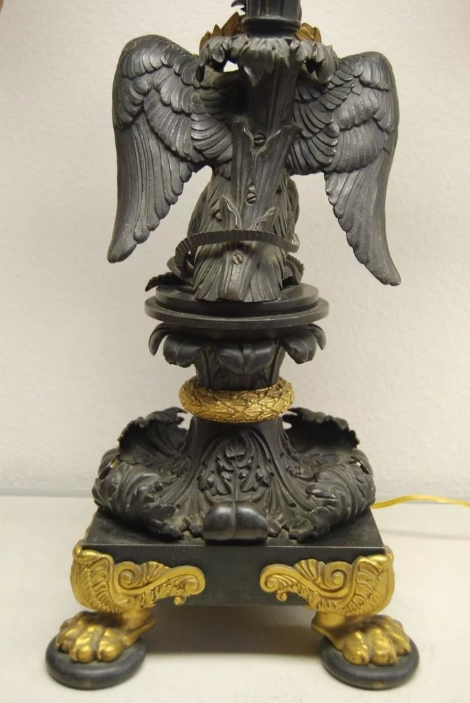 ANTIQUE FRENCH EMPIRE CAST BRONZE IMPERIAL EAGLE GAS LIGHT NEWEL POST GILT LAMP