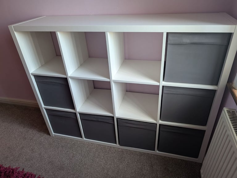 :  🪴 IKEA KALLAX Shelving Unit – White (4x3) with Grey Fabric Boxes – Excellent Condition – £40