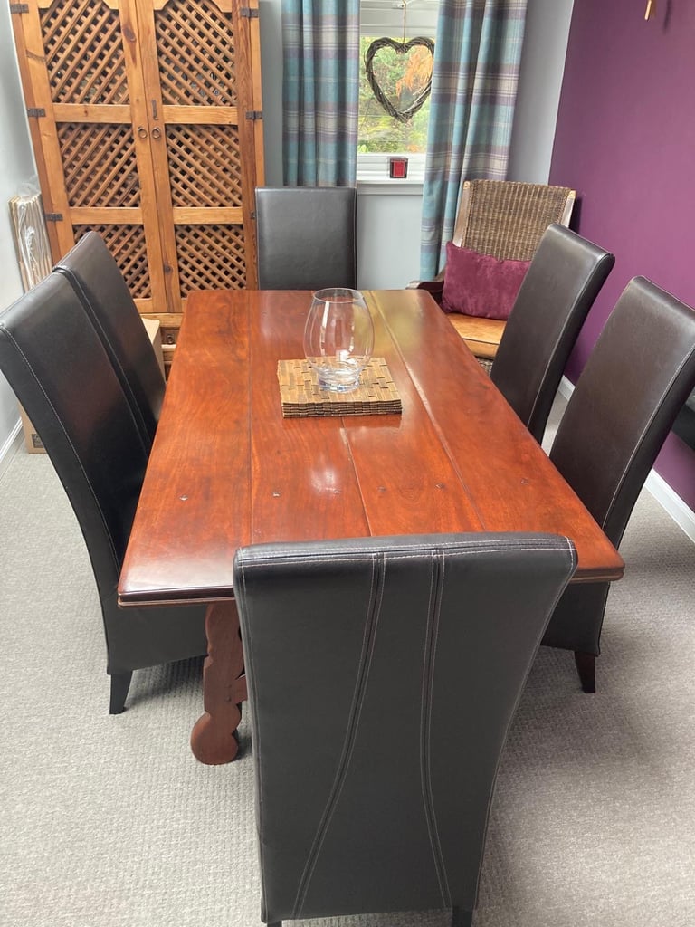 Solid Walnut Dining Table & 6 Real Leather Chairs