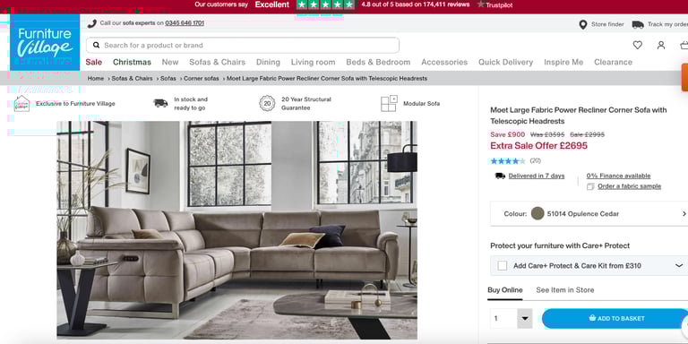 image for New Furniture Village Moet Large Fabric Power Recliner Corner Sofa with Telescopic Headrests