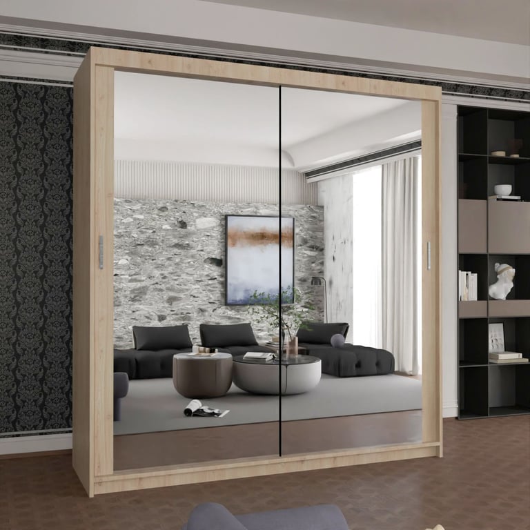 Brand New 2 or 3 Doors Sliding Wardrobe with Mirrors & Drawers in Black Grey White Oak