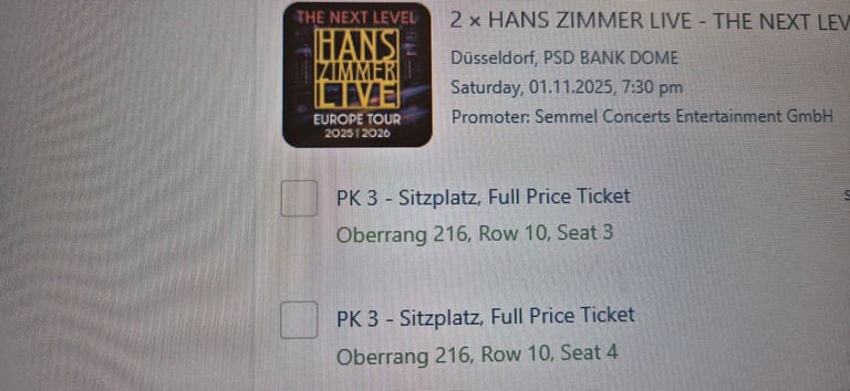 2 x hans zimmer tickets - dussledorf (germany) 1st november 2025