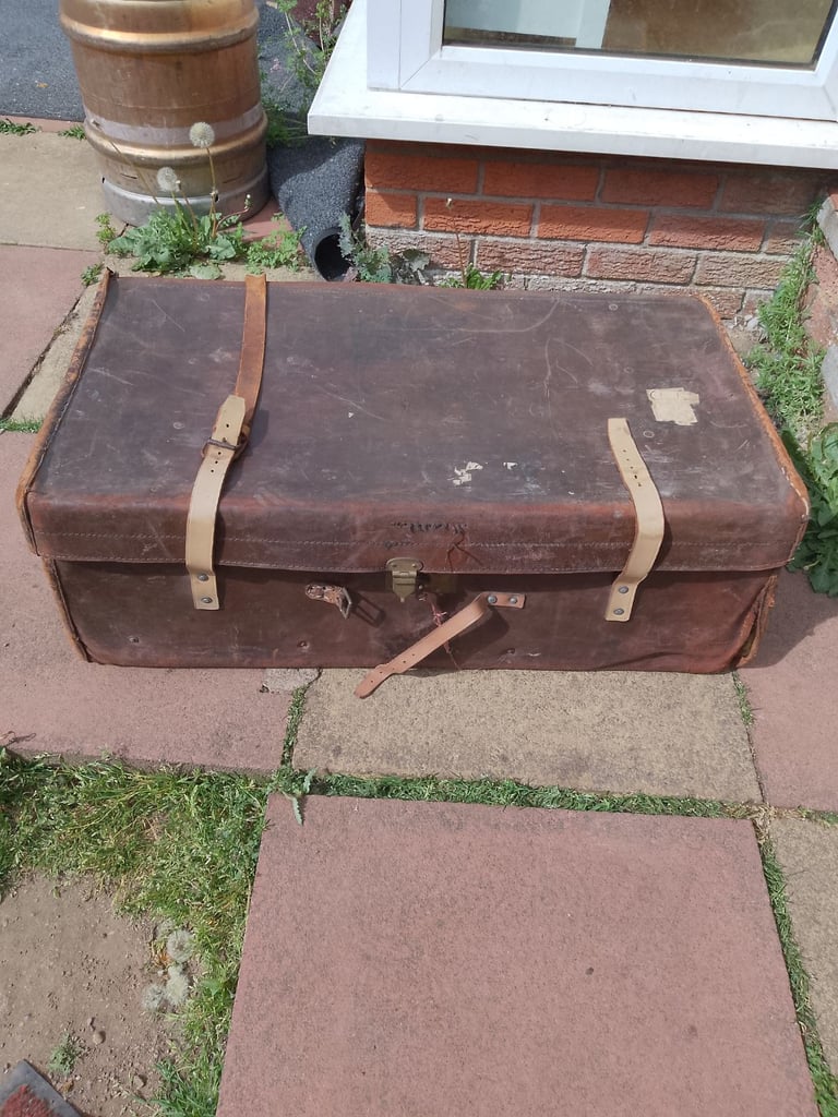 image for Vintage large leather suitcase, used for storage 